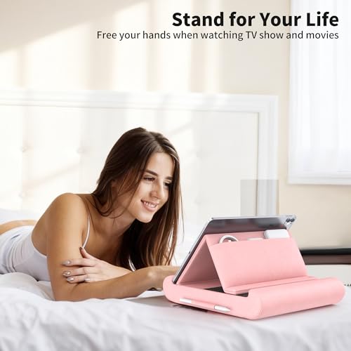 Tablet Pillow Stand, Foldable Tablet Holder for Lap, Bed, Soft Pillow Pad - color: Pink