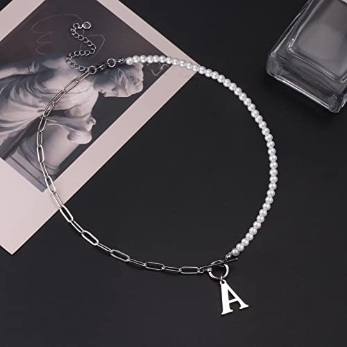 Yoosteel Pearl Initial Necklace for Women, Dainty Pearl Chain Choker Initial Necklaces for Women Toggle Clasp Paperclip Link Chain Necklace Jewelry Gifts - color: Silver, style: C