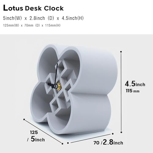 AonT Design Modern Desk Clock (Korean Lotus Motif) (Silent Quartz) Made in Korea – Decorative Minimalist Analog Shelf Clock for Table and Living Room Décor (Grey)