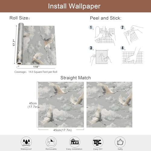 Vintage Crane Cloud Peel and Stick Wallpaper, Chinoiserie Gray Wallpaper - size: 17.7" x 118"