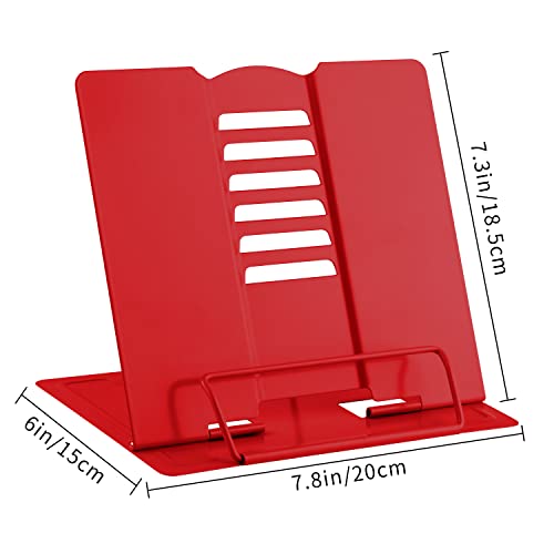 MSDADA Desk Book Stand Metal Reading Rest Book Holder Adjustable Cookbook Documents Holder Portable Sturdy Bookstands for Recipes Textbooks Tablet Music Books with Page Clips (Red) - color: Red