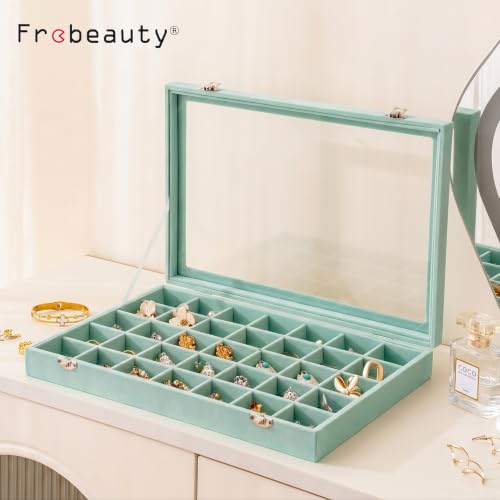 Frebeauty 35 Grid Earring Organizer,Velvet Jewelry Tray with Clear Lid - color: Turquoise, size: 35 Grid