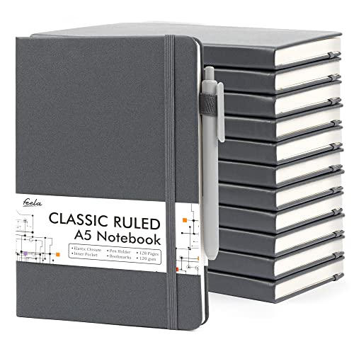12 Pack Notebooks Journals Bulk with 12 Black Pens, Feela A5 Hardcover Notebook Classic Ruled Journal Set with Pen Holder for School Business Work Travel Writing, 120 GSM, 5.1”x8.3”, Gray - color: 12 Pack gray