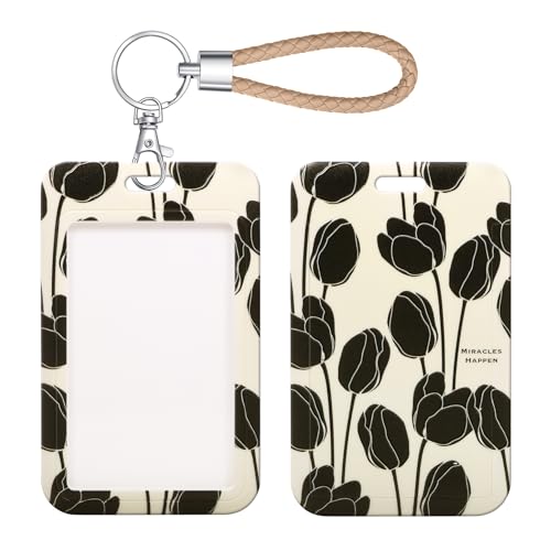 ID Card Badge Holder Key Chain with Metal Keyring, Plastic Slide Open with ID Window for Women Men Girls Students,Black Tulip - color: Black Tulip