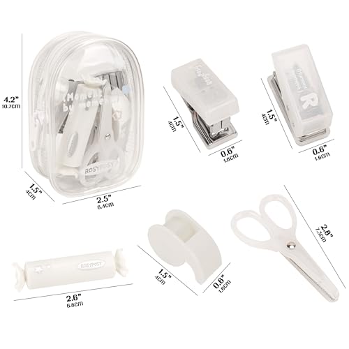 7-Pieces Clear Desk Organizer Set - with Stapler, Hole Punch, Tape Dispenser, Scissors & Highlighters, Transparent Office Supplies Kit for Home Office, School & Workspace - color: White