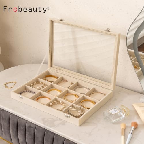 Frebeauty 12 Grid Bracelet Holder Box,Velvet Jewelry Tray with Clear Lid - color: Beige, size: 12 Grid