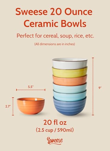Sweese Cereal Bowl - 20 Oz Soup Bowls Set of 6 for Cereal, Snack, Rice, Salad, Side Dishes, Porcelain Bowls for Kitchen Decor, LEAD & CADMIUM FREE, Multicolor, Hot Assorted Colors - color: Hot Assorted Colors, size: 20 Ounce
