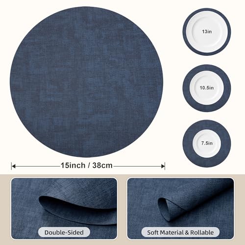 Placemats Set of 6, 15 Inch Round Faux Leather Place Mats - color: R-navy Blue