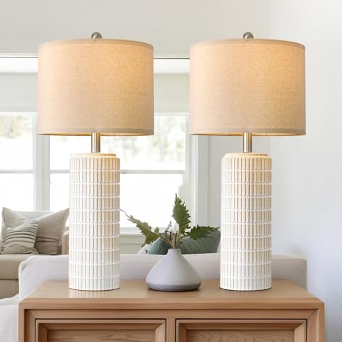 PoKat 27.5'' Tall Table Lamps for Living Room Set of 2, Ceramic Bedroom Lamps for Night Stands, Modern Bedside Lamps for Bedroom Living Room, Nightstand Lamps for End Table, Hallway, Gold and White - color: White and Gold
