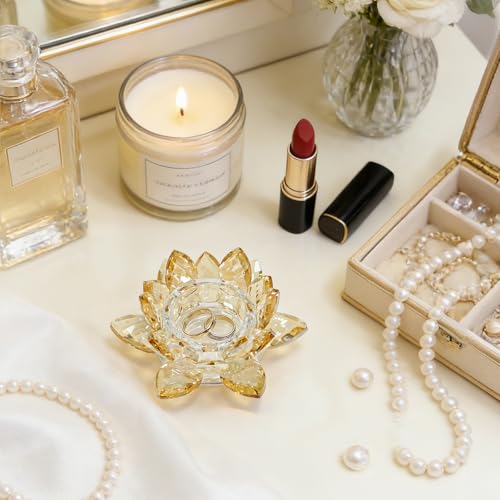 Crystal Lotus Jewelry Tray, 4.3" Floral Trinket Dish for Rings Earrings, Decorative Vanity Dresser Nightstand Organizer, Elegant Gift for Women(Gold) - size: 4.4"(w) - Gold