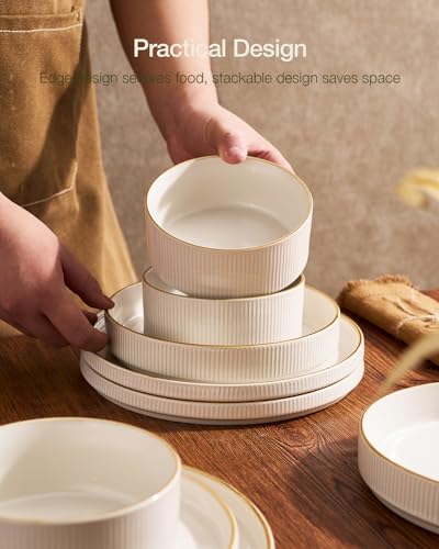 Famiware Star Stoneware Dinnerware Sets for 8, Rimmed Plates and Bowls Set - color: White