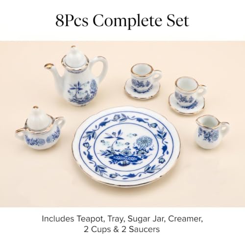 Miniature Tea Set 1/6 Scale Dollhouse Accessories Porcelain Blue Flower - color: Blue