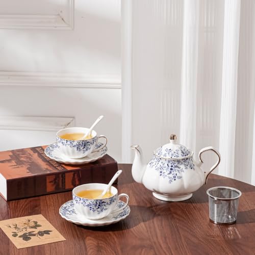 Flowers Ceramic Tea Set，Tea Sets for Adults, with Teapot, Spoons, Cup and Saucer for Tea Party (Little Blue Flower) - color: Little Blue Flower