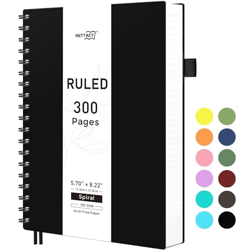 RETTACY Spiral College Ruled Notebook, 300 Pages, A5 Size (5.7" x 8.2") - color: Black, size: 5.7" x 8.2"