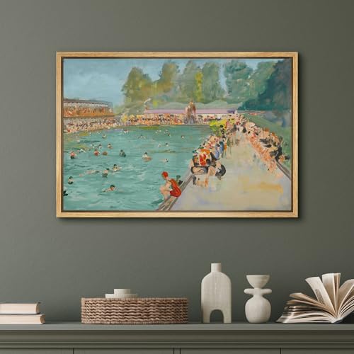 SIGNFORD Framed Canvas Print Wall Art Vintage Public Pool Scene Retro Outdoor Swimming Pool with Crowd Illustrations Modern Art Decorative Relax/Zen for Living Room, Bedroom, Office - 24x36 Natural - color: B08-2508-M13, size: 36"L x 24"W