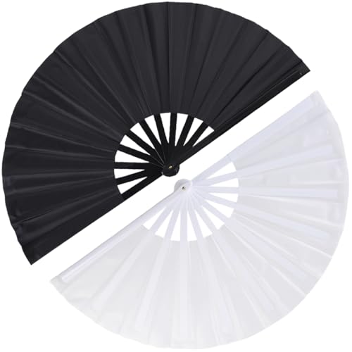 2 Pack Large Folding Hand Fan for Men/Women, Vintage Retro Fabric Fans, Chinese Kung Fu Tai Chi Hand Fan for Festival, Dance, Gift, Performance, Decorations (Black&White) - color: Black & White