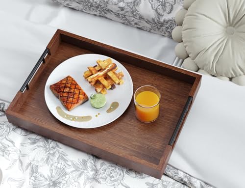 Fibogollo Set of 2 Bamboo Serving Trays with Metal Handles(Brown) - style: Brown-Medium and Large Set