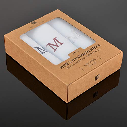 Initial Handkerchief for Men, Monogrammed Boxed 3 Piece Set,100% Cotton - color: M Initial