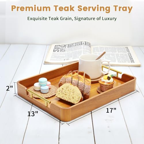 Solid Teak Wood Serving Tray with Handles, 17 x 13 Inch - size: 17" x 13" x 2"