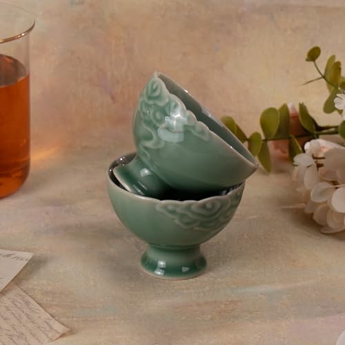 KAMMAK Tea Cup Set of 2 Small Tea Cups 3.7oz Green Porcelain Tea Cup Set, Asian Ceramic Teacups for Home, Party, Office, Chinese Kung Fu Tea Set for Hot/Cold Drink - style: 722N Auspicious Clouds