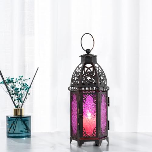 Halloween Lanterns Decorations Indoor & Outdoor, 11’’ Medium Size Vintage Metal Hanging&Tabletop Candle Holder Decor, Christmas Ramadan Decorations for Home Porch Patio (Purple) - color: Purple - 11''h, size: Medium