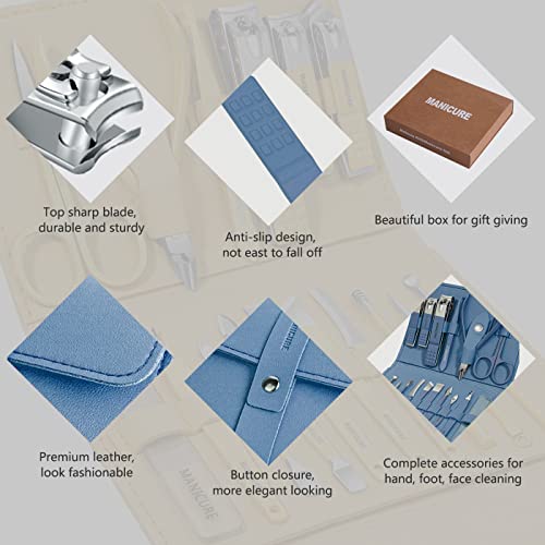 Manicure Set Professional Nail Clippers Pedicure Kit,16 pcs Stainless Steel - color: Blue