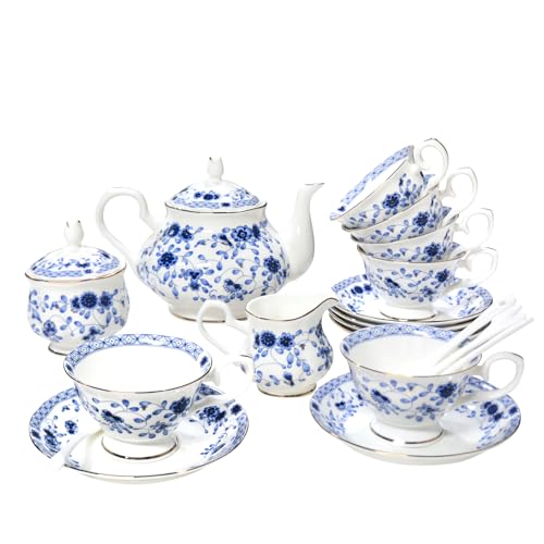 Bone China Tea Set, 21-Pieces Porcelain Tea Set for Adults, Tea Cups And Saucers for 6, with Teapot, Spoons, Sugar Bowl, Creamer Pitcher, Vintage Tea Set for Women Tea Party,Gift Box (Blue) - color: Blue
