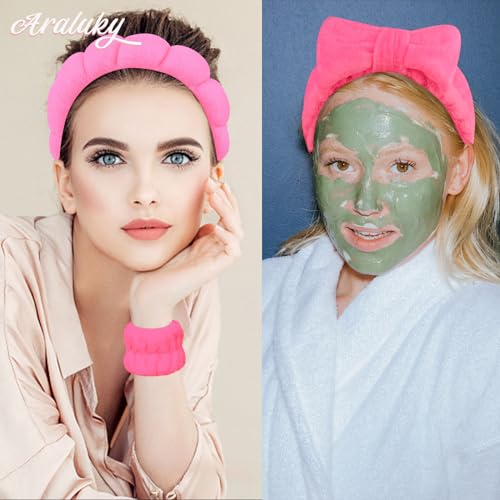 6 Pcs Terry Cloth Headband and Wristbands Set - Sponge Makeup Removal Headbands for Skincare, Shower, and Face Washing - color: Rose