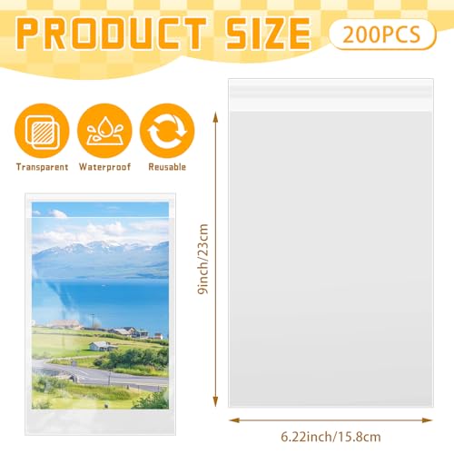 VOKOY 200 Pack Cellophane Bags Self Sealing, Resealable Clear Plastic Sleeves for 6 x 9 Inch Photos Art Prints Paintings Frame Mats Cookie Candy, 6-1/5 x 9 Inch - size: 6 x 9 Inch, style: 200 Pack