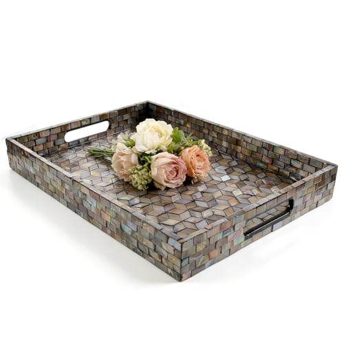 Rectangular Mother of Pearl Serving Tray, Handmade Ottoman Decorative Shell Tray with Handles for Fruit Bread Tea Breakfast Coffee Table Party Home Decor (Dazzling Mosaic) - color: Dazzling Mosaic