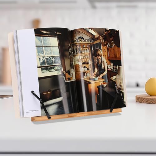 MEGREZ Foldable Bamboo Book Stand Adjustable Cookbook Reading Tablet Holder - color: Rose, size: 11.0 x 8.0 inch