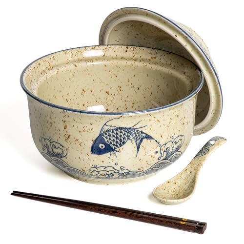 Ceramic Ramen Bowl Set Ramen Noodle Bowl with Lid 27oz Japanese Retro Style Soup, Pho, Udon Bowls, Matching Spoons and Chopsticks for Microwave & Dishwasher Safe, Fish - color: Fish, size: 1 PC