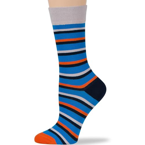 7BIGSTARS Women Cotton Crew Socks, Patterned 4 Pack, M 5-9 - L 8-12 - color: 06 - Blue, Dark Navy, Orange, Grey (A51), size: 5-9