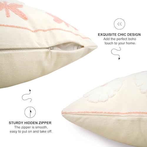 Merrycolor Boho Embroidered Throw Pillow Covers 18x18 Pink Flower Pillow Covers Textured Square Cushion Case Farmhouse Decorative Pillow Covers for Couch Bed,1PC, Beige and Pink Floral - color: Style L, size: 18" x 18" (Pack of 1)