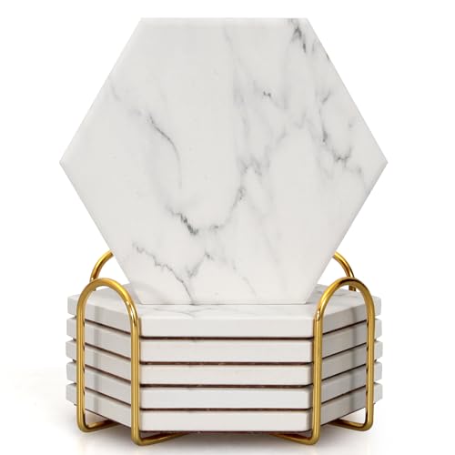 White Marble Coasters Set of 6 Hexagon Absorbent Drinks Coaster with Holder - color: Gray