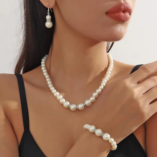 Pearl Bride Wedding Jewelry Set Faux Pearls Crystal Rhinestone Necklace Earrings Bracelet Sets for Women Bridesmaid(3 PCS) - color: White - Gourd Shaped