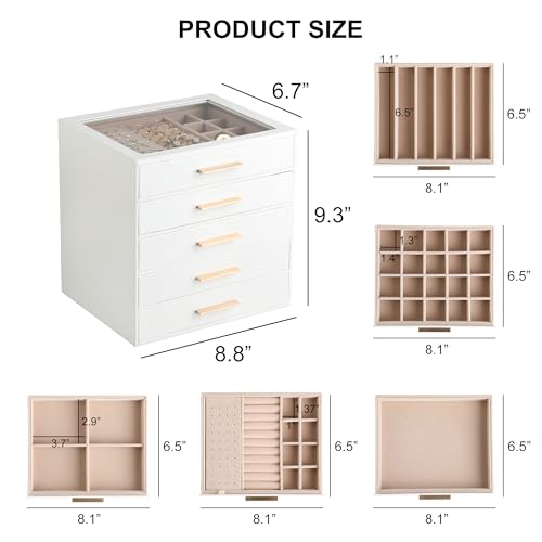 Frebeauty Jewelry Box for Women,Clear Lid Jewelry Organizer with 5 Drawers - color: White, size: 5 Drawer