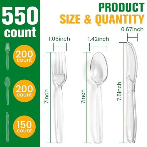 550 Count Plastic Silverware Heavy Duty, 200 Forks, 200 Spoons, 150 Knives - size: 550 Combo Set(Spoons+Forks+Knives)