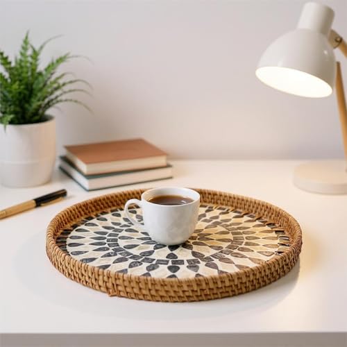 13.8" Round Mother of Pearl Inlay Rattan Black Drop Design Serving Tray - color: Black Drop