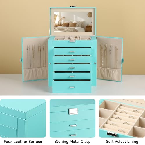 Frebeauty 6-Layer Jewelry Box for Women,Large Jewelry Organizer with Drawer - color: Turquoise, size: Large