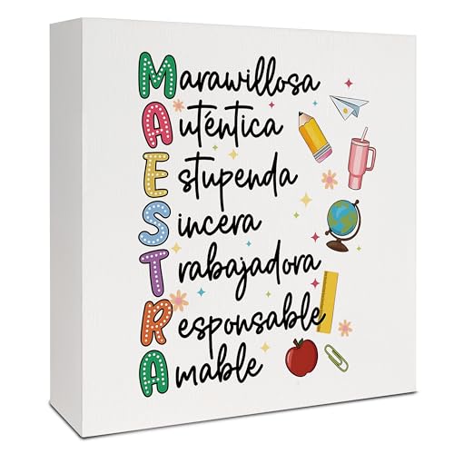 Spanish Teacher Maestra Appreciation Gifts Decor, Regalos Para Maestras Mujeres, Back to School Gifts for Teachers, Spanish Educator Wood Signs for Home Room Desk Table Shelf, 5x5 Inch - color: Teacher-Maestras