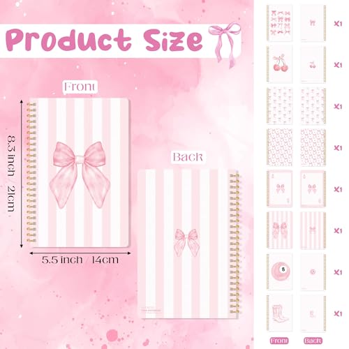 CNhoqc Pink Spiral Journal Notebook, 8Pcs A5 Watercolor Coquette Bow Cherry - color: 8-Pcs Pink Bow