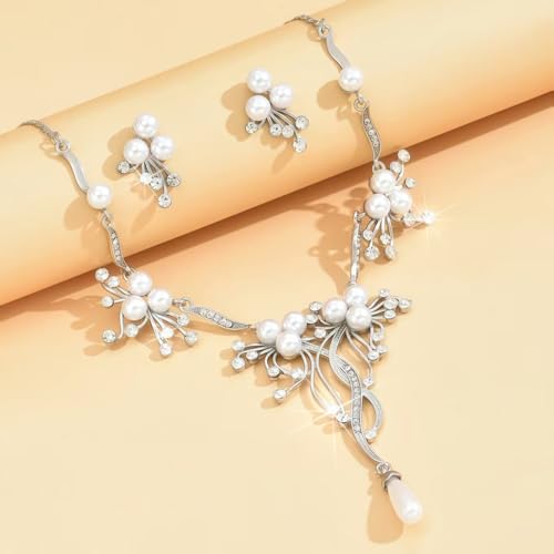 Pearl Bride Wedding Jewelry Set Faux Pearls Crystal Rhinestone Necklace Earrings Bracelet Sets for Women Bridesmaid(3 PCS) - color: Silver - Pearl A