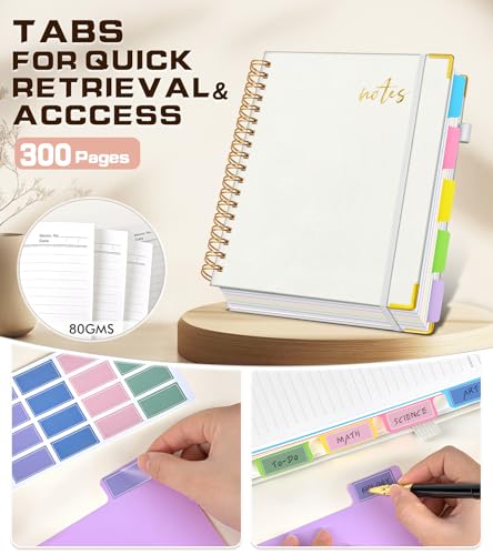 5 Subject Spiral Notebook Journal with Removable Dividers Tabs, 300 Pages Organizer Notebooks for Work School, 8"x10" Hardcover Leather Notebook College Ruled, Large Lined Journal for Women Men,White - color: White, size: B5