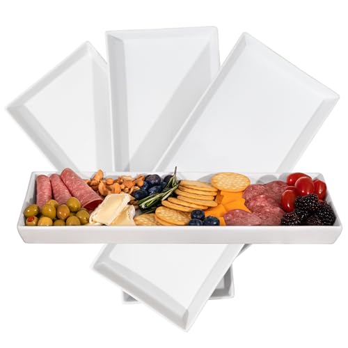 Home Beets White Ceramic Serving Platters (14 x 6 Inch Rectangle Plates) Serving Dishes for Entertaining, Food, Appetizers, Desserts, Cheese Board, Charcuterie, Sushi - Set of 4 Party Serving Trays - color: White