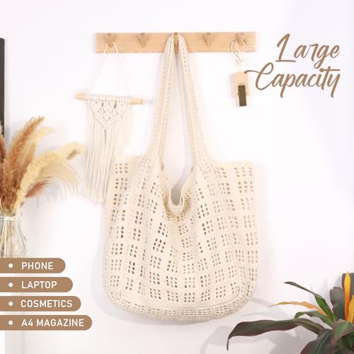 hatisan Crochet Bag for Women, Handmade Knit Beach Tote Bag Summer - color: A Large Beige
