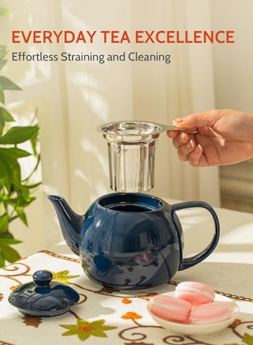 Sweese Teapot, Porcelain Tea Pot with Stainless Steel Infuser, Blooming & Loose Leaf Teapot - 27ounce, Navy - color: Navy, size: 27oz (with infuser)