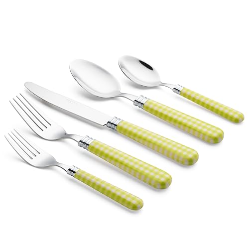 ANNOVA Silverware Set 20 Pieces Cutlery Stainless Steel Colorful Fun Handle Flatware Service for 4 - Dinner Knife, Dinner Fork, Salad fork, Dinner Spoon, Dessert Spoon (Checker Light Green, 20 Pieces) - color: Checker Light Green