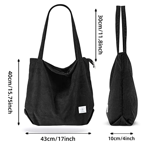 KALIDI Women Corduroy Tote Bag Zipper Casual Tote's Handbag Big Capacity Shoulder Bag with Pockets - color: Black