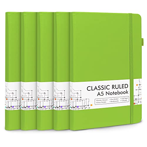 feela 5 Pack Notebooks Journals Bulk, Hardcover Notebook Classic Ruled Lined Journals with Pen Holder for Women Girls School Business Supplies, with 5 Black Pens, 120 GSM, 5.1”x8.3”, A5, Green - color: 5 Green